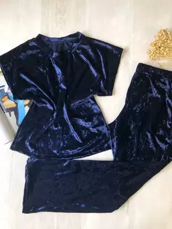 Женская велюровая пижама футболка штаны темно синяя