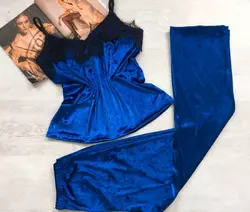 Женская велюровая пижама майка штаны синяя