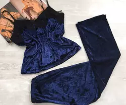 Женская велюровая пижама майка штаны темно синий