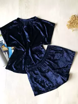 Женская велюровая пижама шорты и футболка темно синяя
