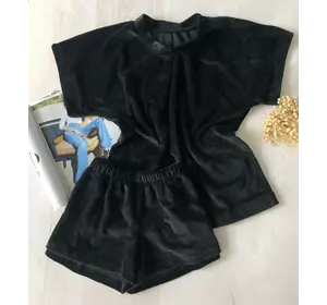 Плюшевая женская пижама шорты и футболка черная