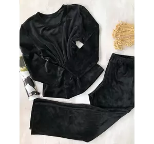Плюшевая женская теплая пижама штаны и кофта черная