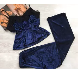 Женская велюровая пижама майка штаны темно синий
