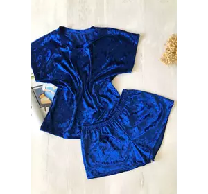 Женская велюровая пижама шорты и футболка синяя