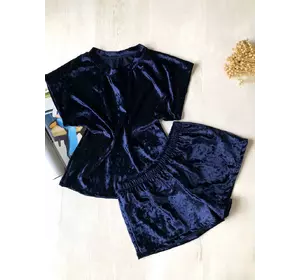 Женская велюровая пижама шорты и футболка темно синяя